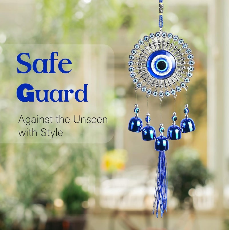 ZAICUS Evil Eye Hanging Wall & Door Decor with Metal Bells | Nazar Battu for Home, Office, Car | Blue Glass Charm Wind Chime for Positive Vibes & Protection - Image 3