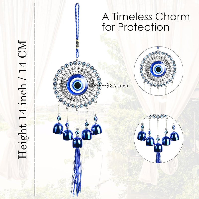 ZAICUS Evil Eye Hanging Wall & Door Decor with Metal Bells | Nazar Battu for Home, Office, Car | Blue Glass Charm Wind Chime for Positive Vibes & Protection - Image 2