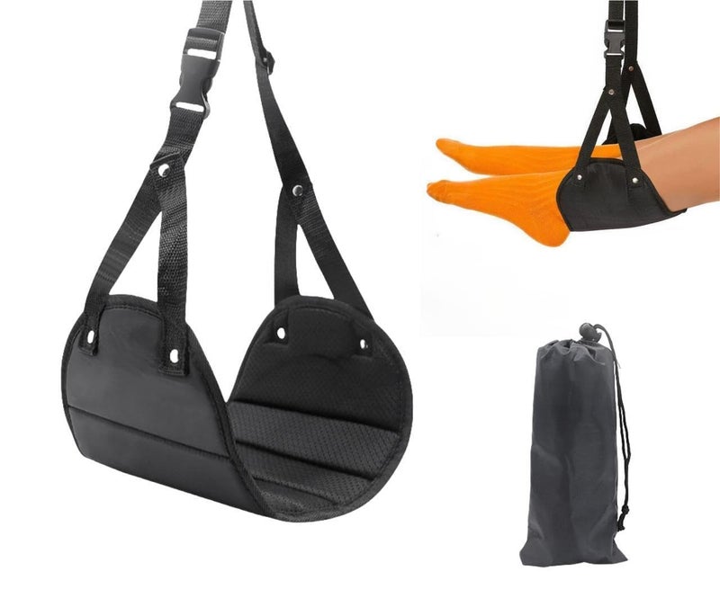 WINDSELL WINDSELL Airplane Foot Rest Adjustable Sling Foot Hammock for Flight Folding Foot Rest Travel Accessories with Storage Bag Portable Plane Travel Footrest for Airplanes Office Under Desk Black 