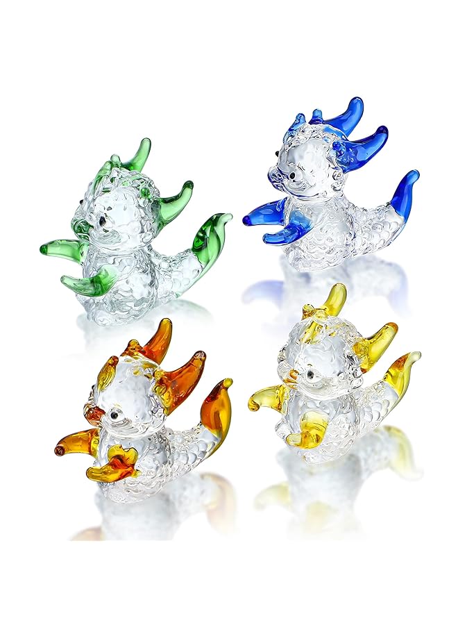 إيروريكس تماثيل تنين زجاجية صغيرة مكونة من 4 قطع من فن الزجاج الملون حيوانات أسطورية صغيرة من الزجاج الكريستالي زينة حيوانات صغيرة من الزجاج المنفوخ هدية ديكور المنزل - Image 1