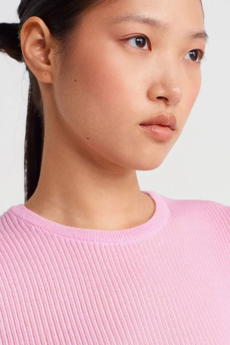 Dilvin Blush Pink DILVIN Slim Fit Ribbed Frill Blouse for Women | Best Price UAE