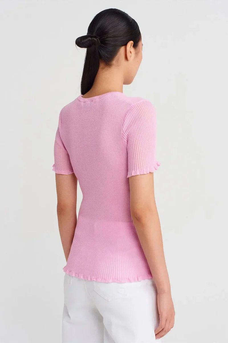 Dilvin Blush Pink DILVIN Slim Fit Ribbed Frill Blouse for Women | Best Price UAE