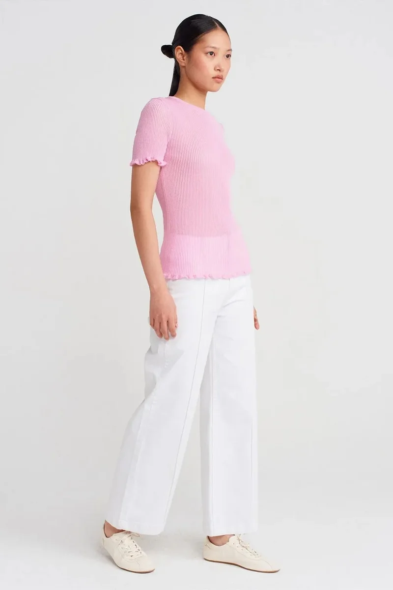 Dilvin Blush Pink DILVIN Slim Fit Ribbed Frill Blouse for Women | Best Price UAE