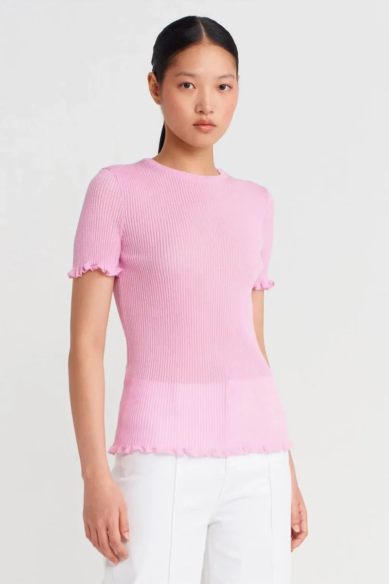 DILVIN Slim Fit Ribbed Frill Blouse