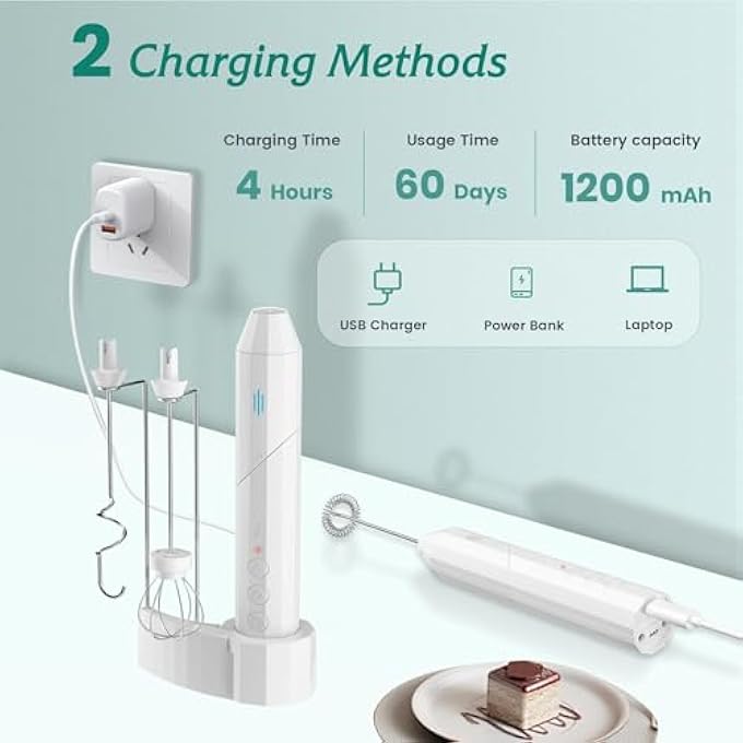 كاست ويف خفاقة حليب يدوية، خفاقة يدوية قابلة لإعادة الشحن، خفاقة كهربائية مع قاعدة شحن، 3 رؤوس، 3 سرعات قابلة للتعديل، خفاقة كهربائية، خلاط مشروبات محمول باليد مع حامل للقهوة وبياض البيض - Image 4