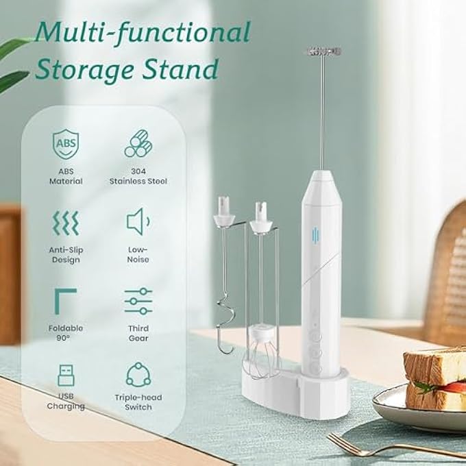 كاست ويف خفاقة حليب يدوية، خفاقة يدوية قابلة لإعادة الشحن، خفاقة كهربائية مع قاعدة شحن، 3 رؤوس، 3 سرعات قابلة للتعديل، خفاقة كهربائية، خلاط مشروبات محمول باليد مع حامل للقهوة وبياض البيض - Image 2