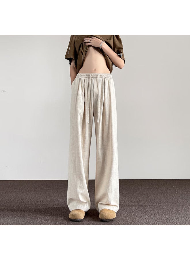 Swamp Area Men's Linen Pants, Spring And Autumn Season, Loose-fitting Breathable Draping Wide-leg Cotton Casual Trousers Ks2583 Apricot Color 3XL - Image 1