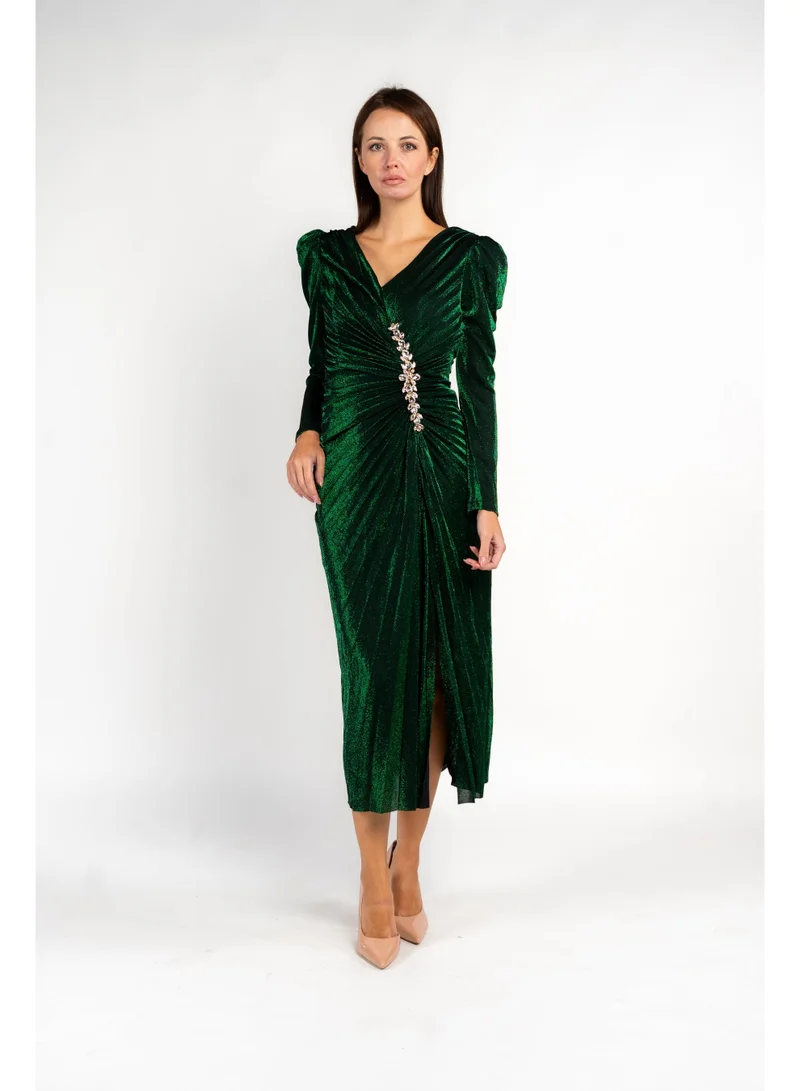 فاشونارا Bottle Green Draped Formal Party Dress With Large Crystal Broach