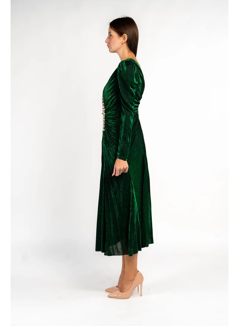 فاشونارا Bottle Green Draped Formal Party Dress With Large Crystal Broach
