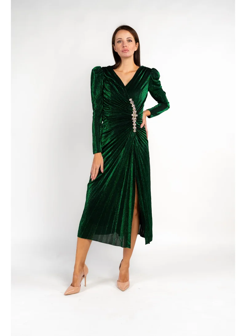 فاشونارا Bottle Green Draped Formal Party Dress With Large Crystal Broach
