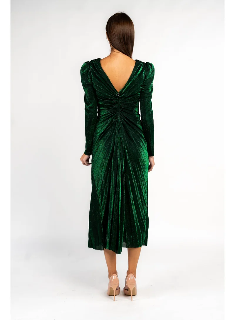 فاشونارا Bottle Green Draped Formal Party Dress With Large Crystal Broach