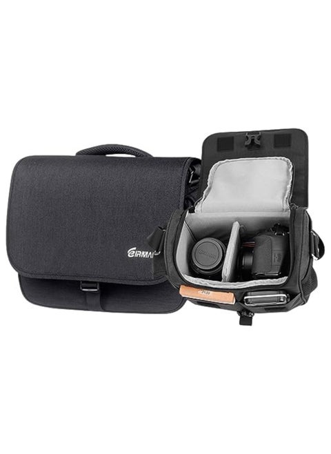 EMB-SS06L Model Eirmai handbag for cameras and photography equipment accommodates 1 camera, 5 lenses, and other accessories. Side pockets for additional items. Made of nylon in gray.