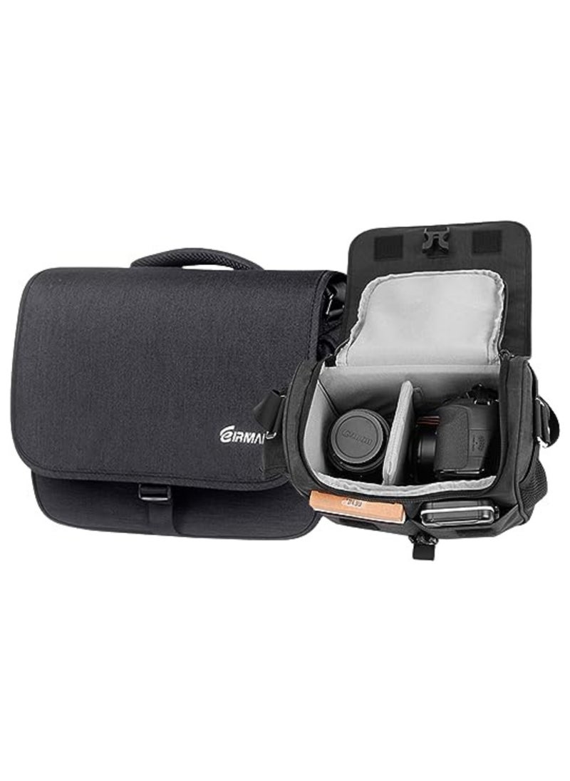 EMB-SS06L Model Eirmai handbag for cameras and photography equipment accommodates 1 camera, 5 lenses, and other accessories. Side pockets for additional items. Made of nylon in gray.