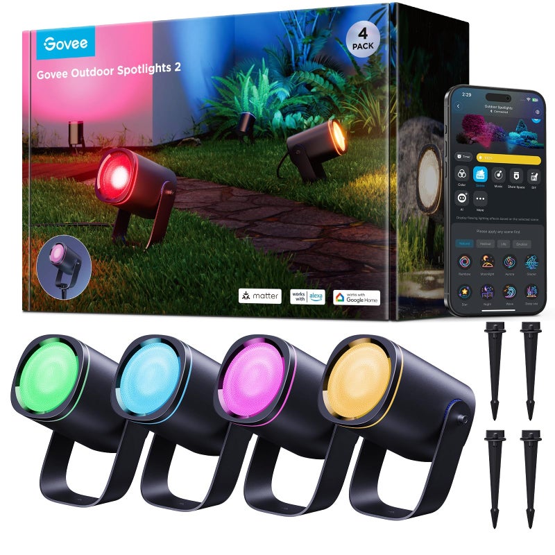 Govee Outdoor Spot Lights 2, IP67 Waterproof Spotlights, Landscape Lights Work with Matter, Alexa, and Google Assistant, RGBWIC Color Changing Light for Outdoor Decor, Patio Decorations, 4 Pack - Image 1