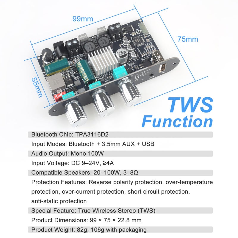 Wuzhi Audio 2PCS ZK-1001U Mono Amplifier Board with TWS, 100W Power Output, Vehicle Amplifier Wide Voltage Input 9-24V, Supports USB/AUX/Bluetooth - Image 5