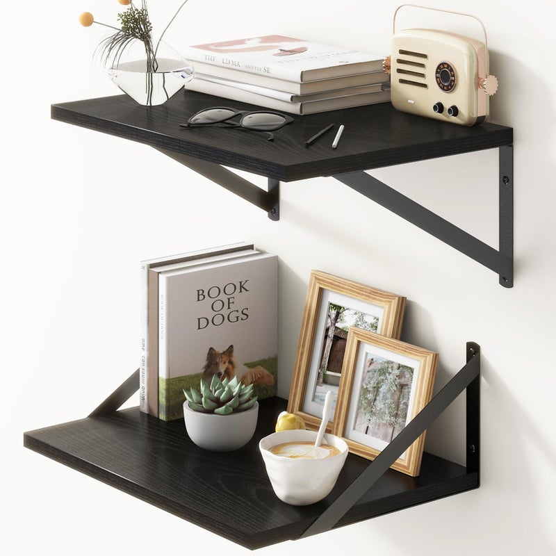 Fun Memories Deep Floating Shelves for Wall, 12 Inch Deep Black Floating Shelves Set of 2, 16" W x 12" D Wall Shelf, Wide Display Ledges Shelves for Bedroom, Bathroom, 12 Deep Bookshelf Wall Mounted - Image 1