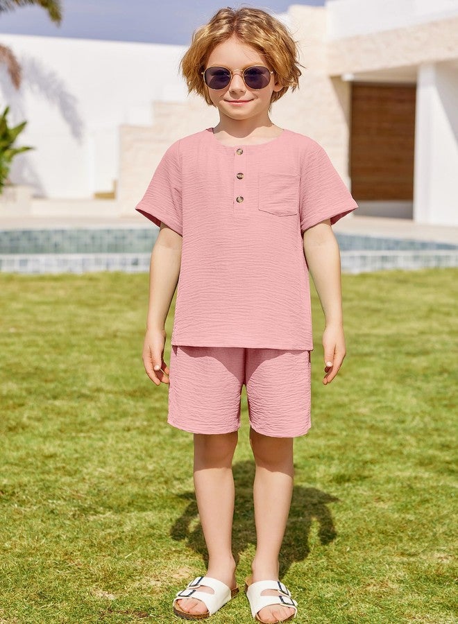 Arshiner أرشينر ملابس صيفية للأطفال الأولاد 2 قطعة تي شيرت هينلي بأكمام قصيرة وشورتات كاجوال لون وردي فاتح 7-8 سنوات - Image 5