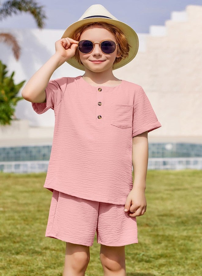Arshiner أرشينر ملابس صيفية للأطفال الأولاد 2 قطعة تي شيرت هينلي بأكمام قصيرة وشورتات كاجوال لون وردي فاتح 7-8 سنوات - Image 3