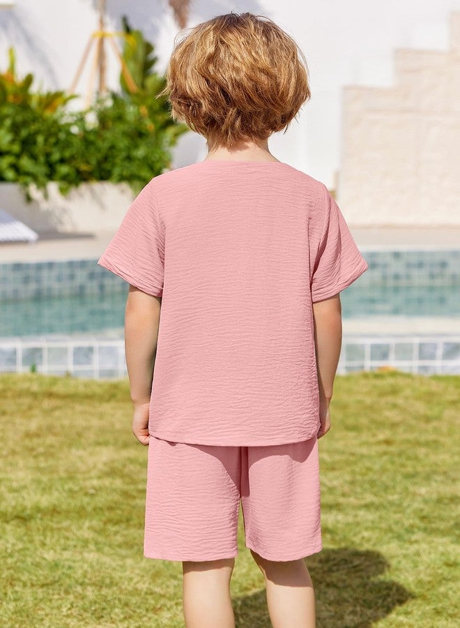 Arshiner أرشينر ملابس صيفية للأطفال الأولاد 2 قطعة تي شيرت هينلي بأكمام قصيرة وشورتات كاجوال لون وردي فاتح 7-8 سنوات - Image 4