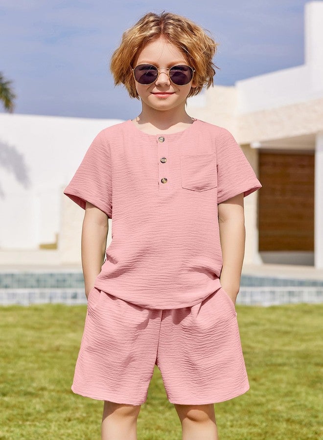 Arshiner أرشينر ملابس صيفية للأطفال الأولاد 2 قطعة تي شيرت هينلي بأكمام قصيرة وشورتات كاجوال لون وردي فاتح 7-8 سنوات - Image 2