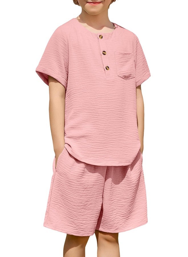 Arshiner أرشينر ملابس صيفية للأطفال الأولاد 2 قطعة تي شيرت هينلي بأكمام قصيرة وشورتات كاجوال لون وردي فاتح 7-8 سنوات - Image 1