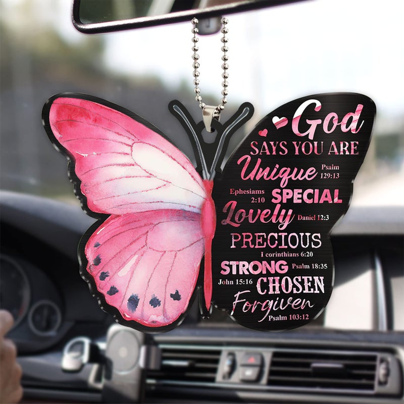 Talataca Jesus God Say You are Christian Pink Butterfly Bible 2D Flat Car Rear View Mirror Accessories Christmas Tree Ornament Decoration Hanging Charm Interior Rearview Pendant Decor Gift