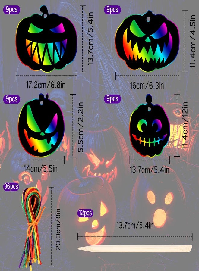 JULMELON 48 Pieces Halloween Scratch Paper Crafts Kit Bulk of Halloween Pumpkins Magic Rainbow Scratch Art for Kids DIY Party Ornaments Halloween Decor with 6 Pcs Halloween Pumpkins Stencils - Image 2