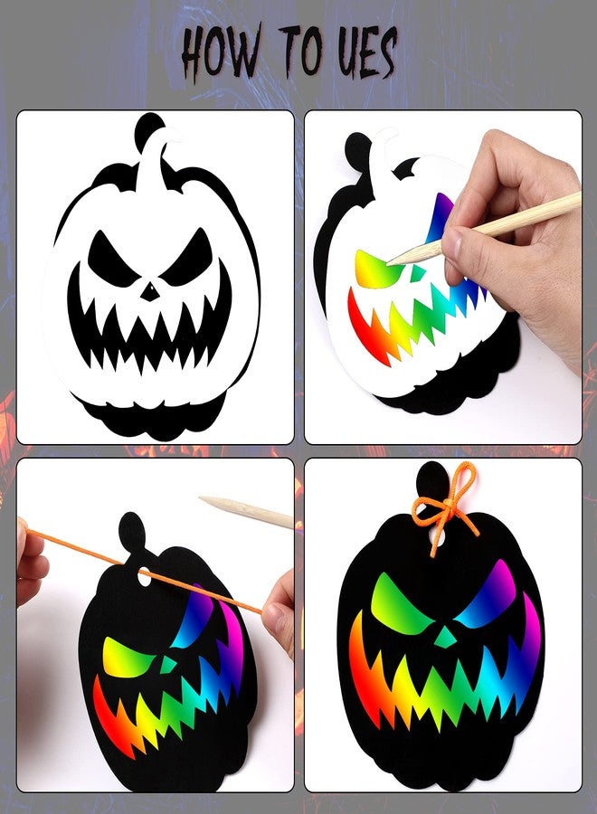 JULMELON 48 Pieces Halloween Scratch Paper Crafts Kit Bulk of Halloween Pumpkins Magic Rainbow Scratch Art for Kids DIY Party Ornaments Halloween Decor with 6 Pcs Halloween Pumpkins Stencils - Image 5