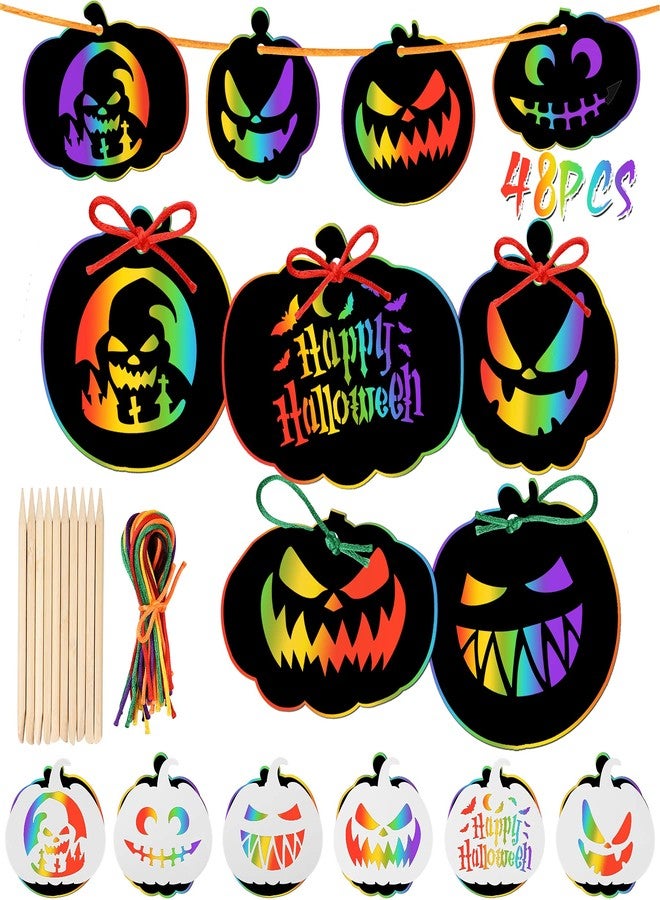 JULMELON 48 Pieces Halloween Scratch Paper Crafts Kit Bulk of Halloween Pumpkins Magic Rainbow Scratch Art for Kids DIY Party Ornaments Halloween Decor with 6 Pcs Halloween Pumpkins Stencils - Image 1