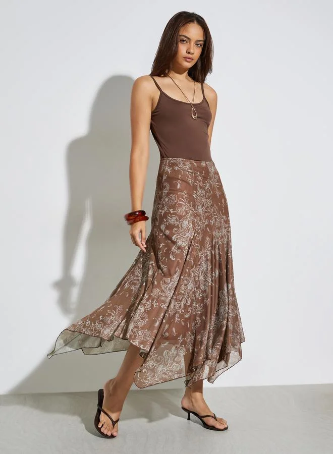 Floral Print Asymmetric Hem Midi Skirt