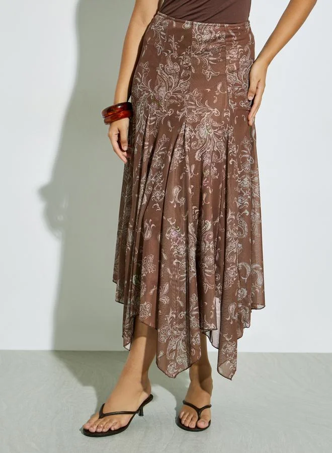 Styli Floral Print Asymmetric Hem Midi Skirt