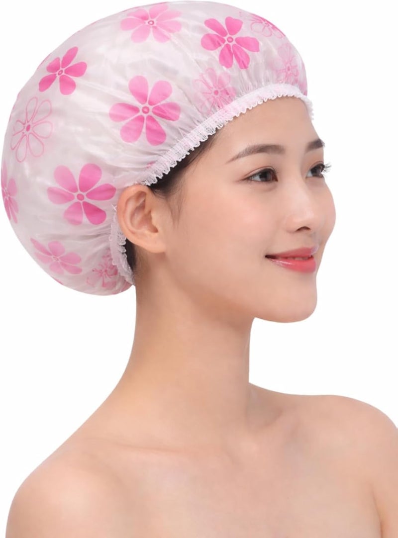 Waterproof Shower Cap with Elastic Band, Multicolor Design to Keep Hair Dry (Pink Flowers)