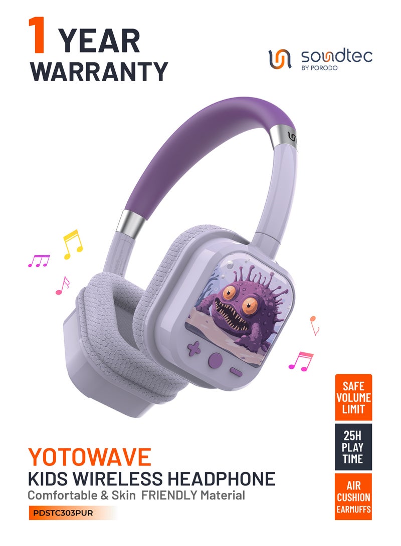 Porodo Soundtec Yotowave Kids Wireless Headphone with Soft & Breathable Cushion and Safe Volume Limit / 25H Playtime / V5.4 Bluetooth / Crisp & Gentle Audio / Skin Friendly Material /On Ear Headphone for Girls-Purple - Image 1