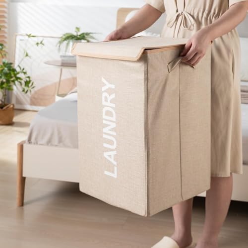 ZOVIRA 75L Laundry Basket for Clothes Non Woven Laundry Bin Laundry Bags for Clothes Freestanding Clothes Storage Organizer for Bedroom Basket for Clothes Cloth Bin Bag (Beige) - Image 2