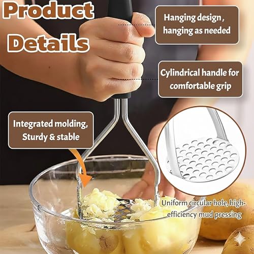DORMICO® Potato Masher-Food-Grade Stainless Steel Vegetable Masher with Non-Slip Heat Resistant Handle-Large Round Press Plate Kitchen Gadget for Mashed Potatoes, Pav Bhaji, Fruits & Baby Food, Black - Image 3