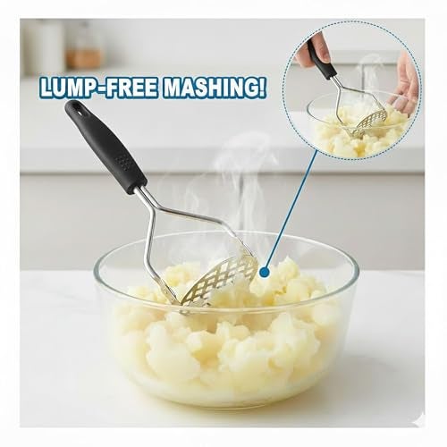 DORMICO® Potato Masher-Food-Grade Stainless Steel Vegetable Masher with Non-Slip Heat Resistant Handle-Large Round Press Plate Kitchen Gadget for Mashed Potatoes, Pav Bhaji, Fruits & Baby Food, Black - Image 5