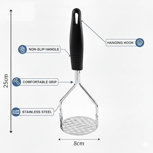 DORMICO® Potato Masher-Food-Grade Stainless Steel Vegetable Masher with Non-Slip Heat Resistant Handle-Large Round Press Plate Kitchen Gadget for Mashed Potatoes, Pav Bhaji, Fruits & Baby Food, Black - Image 2