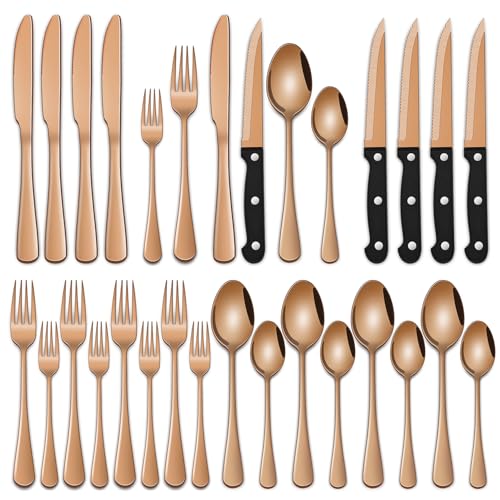 Dehov Rose Gold 24 PCS Flatware Sets With Steak Knives Service For 4 Person,Copper Eating Untensils Set For Kitchen,Silverware Set Includes Knife Spoon And Fork Set - Image 1