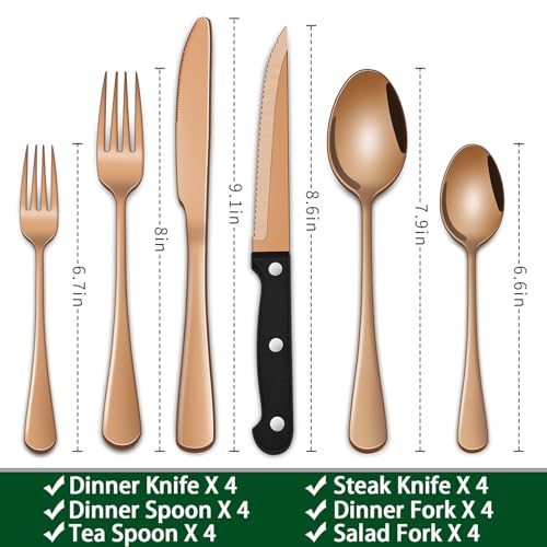 Dehov Rose Gold 24 PCS Flatware Sets With Steak Knives Service For 4 Person,Copper Eating Untensils Set For Kitchen,Silverware Set Includes Knife Spoon And Fork Set - Image 2