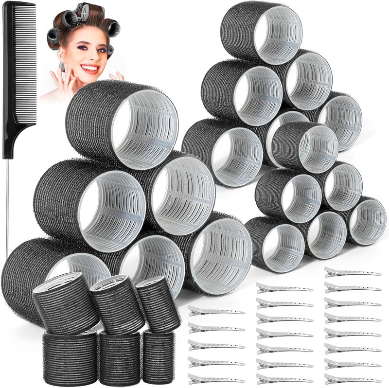 Thrilez 39PCS Hair Curlers Rollers with Clips Black Hair Roller with 3 Sizes 64mm 44mm 33mm Jumbo Roller with 12PCS Duckbill Clips Hair Rollers for Long Medium Short Thick Fine Volume Bangs