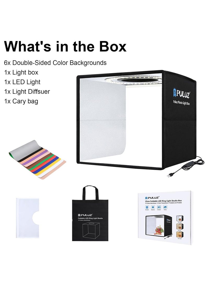 PULUZ - Puluz 10Inch/25CM Photo Studio Box, Mini Folding Lightbox LED Ring Light Portable Photo Studio Photography Shooting Tent Box Kit 12 Colors Backdrops USB Light Box for Phones DSLR Camera - Image 1