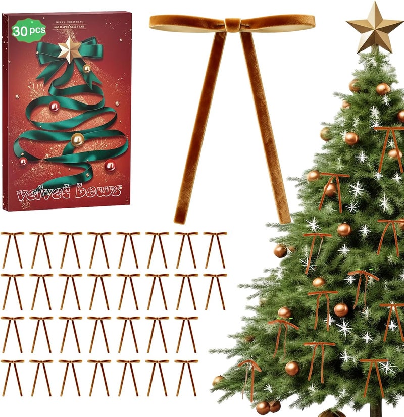 WICHOO Camel Velvet Bows for Christmas Tree - 30Pcs Vintage Ribbon Bows for Tree Decorations, 3/8" Small Bows for Garland, Wreath, Fireplace, Door, Gift Wrapping, Holiday Decor (5 x 7 Inch) - Image 1