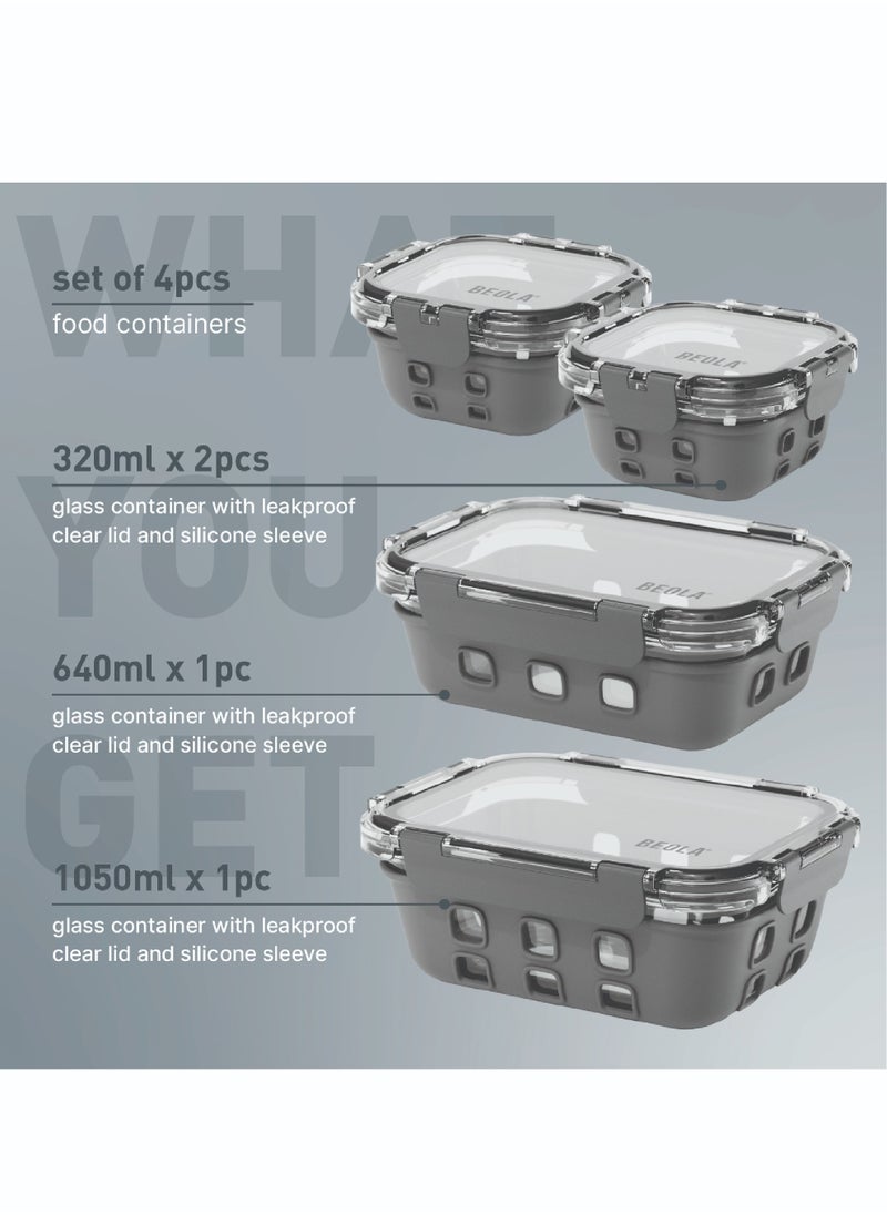 BEOLA Set of 4 Glass Food Storage Containers with Airtight Lids and Silicone Protection, Leakproof Food Organizer, Freezer, Dishwasher, Microwave Safe, Kitchen Organizer for Food, BPA FREE (Lava Gray)  - Image 2