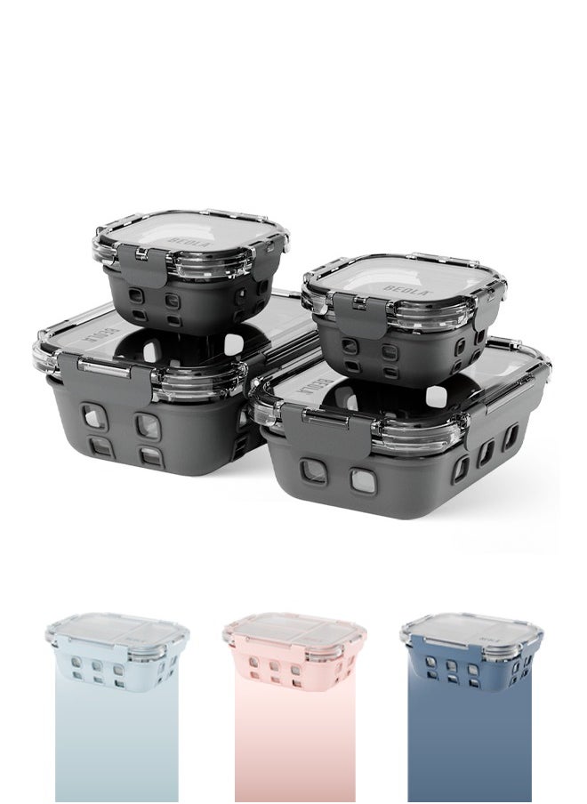 BEOLA Set of 4 Glass Food Storage Containers with Airtight Lids and Silicone Protection, Leakproof Food Organizer, Freezer, Dishwasher, Microwave Safe, Kitchen Organizer for Food, BPA FREE (Lava Gray)  - Image 1
