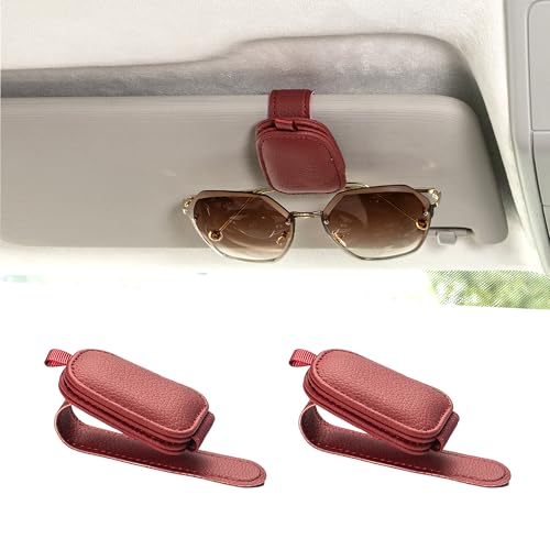 Yuoyar Sunglass Holder for Car Magnetic Leather Sunglasses Holder and Ticket Card Clip Car Visor Accessories 2 Packs Red - Image 1