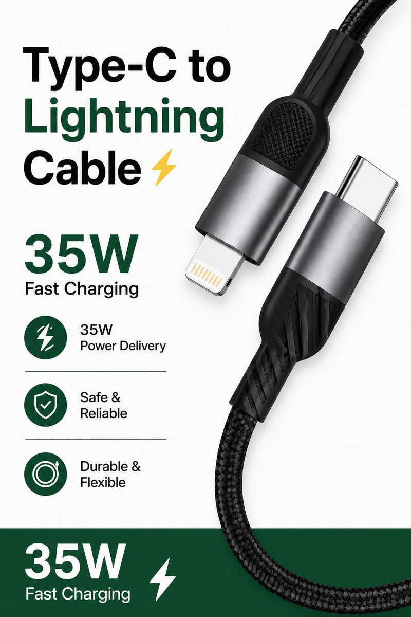 Type C to Lightning Cable 35W Fast Charging, Fast Data Sync USB C Charger Cable, Premium Braided Design, Reinforced Connectors, Compatible with iPhone, iPad & AirPods, 1000mm - Image 1