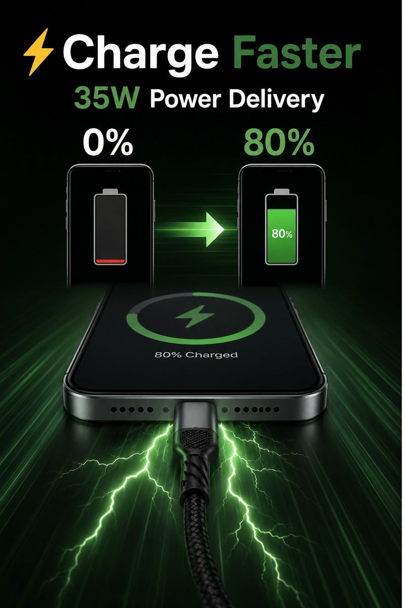 Type C to Lightning Cable 35W Fast Charging, Fast Data Sync USB C Charger Cable, Premium Braided Design, Reinforced Connectors, Compatible with iPhone, iPad & AirPods, 1000mm - Image 2