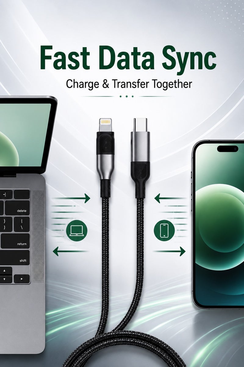 Type C to Lightning Cable 35W Fast Charging, Fast Data Sync USB C Charger Cable, Premium Braided Design, Reinforced Connectors, Compatible with iPhone, iPad & AirPods, 1000mm - Image 3