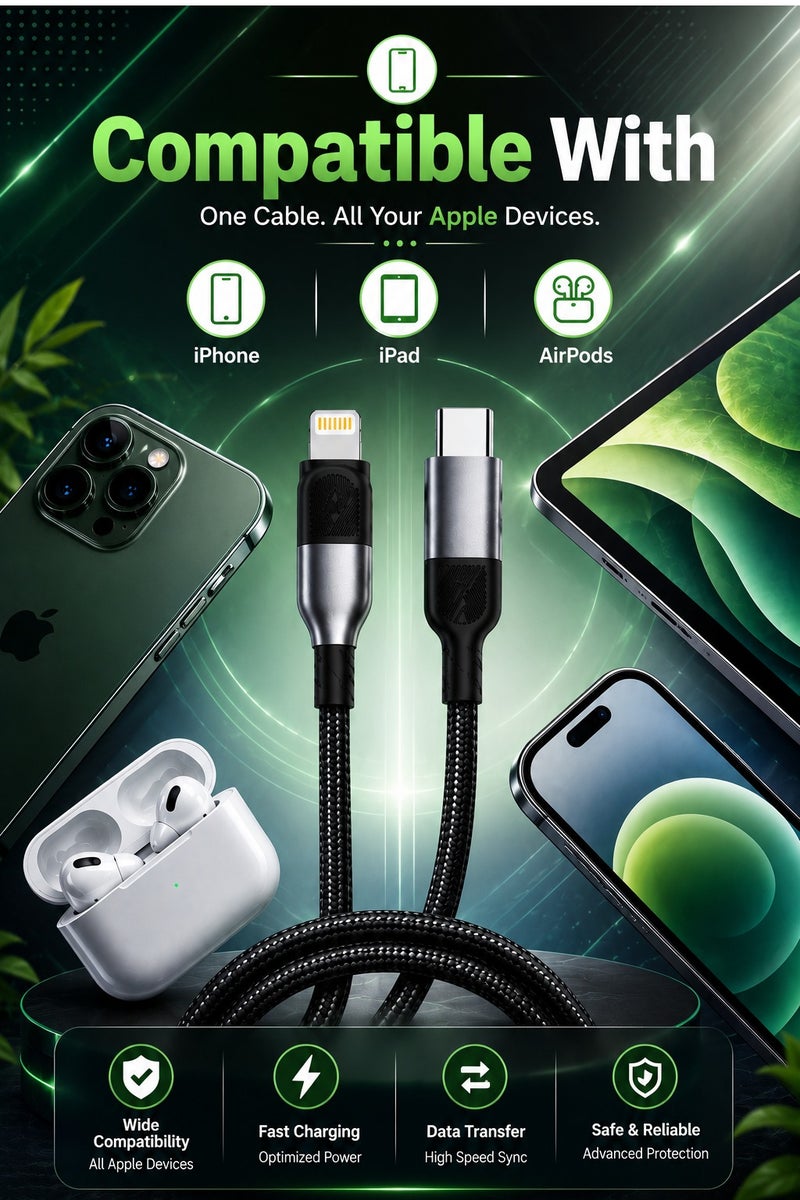 Type C to Lightning Cable 35W Fast Charging, Fast Data Sync USB C Charger Cable, Premium Braided Design, Reinforced Connectors, Compatible with iPhone, iPad & AirPods, 1000mm - Image 4