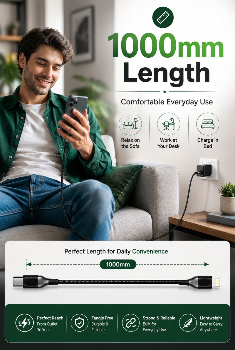 Type C to Lightning Cable 35W Fast Charging, Fast Data Sync USB C Charger Cable, Premium Braided Design, Reinforced Connectors, Compatible with iPhone, iPad & AirPods, 1000mm - Image 5